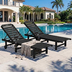 SERWALL HDPE Outdoor Chaise Lounge Set of 2 with Cup Holder & Wheels, Black | Weather-resistant chaise lounge resists fading, with 5-level adjustable back, cup holder and wheels.