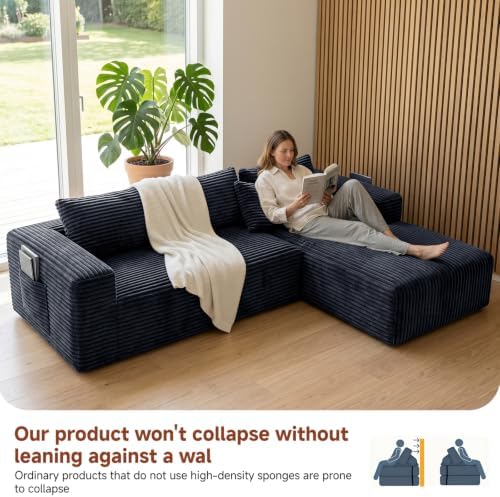 Couch ≈105" L-Shaped Sofa, Modular Sofa in Living Room Comfy Corduroy Fluffy Couch with Deep Seat and Side Pockets, Flexible Module Combination for Living Room (Black, 105IN)