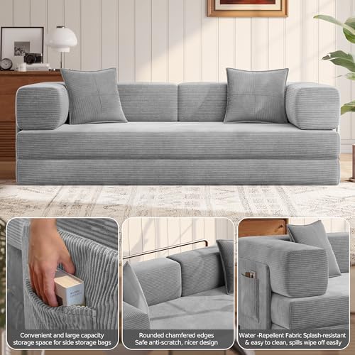 MoonSpeak 78.8'' Futon Sofa Bed, Couches for Living Room | Corduroy Convertible Futon Sofa Bed with Storage Pocket, Modular Sleeper Couch in a Box, No Assembly (Gray)