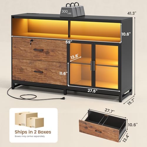 SEDETA 59" Filing Cabinet with Lock Drawers fits Legal Size for Home Office | Rustic Brown Lateral 2 Drawers File Cabinet with Acrylic Display Cabinet, Power Strip, Printer Stand with Storage Shelves