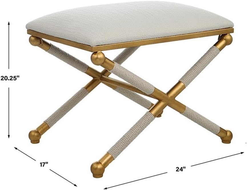 BOWERY HILL Contemporary Small Bench, 24"x17"x20.25", Iron Base Gold Leaf Finish, White Polyester Upholstery, Braided Rope Detailing, Living Room Seating or Accent Piece