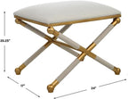 BOWERY HILL Contemporary Small Bench, 24"x17"x20.25", Iron Base Gold Leaf Finish, White Polyester Upholstery, Braided Rope Detailing, Living Room Seating or Accent Piece