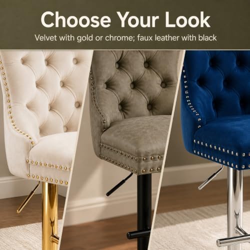 Blue Modern Swivel Bar Stools Set of 2, Velvet Counter Height Bar Stools for Kitchen Island, Adjustable Bar Chairs Barstools, Tufted Back, Silver Base, Sillas para Barra de Cocina (Blue, 2 Pcs)