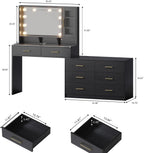 Makeup Desk with Drawers & Cabinet & Dresser, Black Vanity Table with Drawer Dresser, Large Vanity Table with 8 Drawers, Vanity Desk with Large Mirror and 3-Color Lights for Girls, Dressing Table 59"