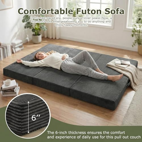 5-in-1 Convertible Sofa Bed, Loveseat, Tri-fold Futon Sofa Bed with Removable Cushions & Washable Cover, Pull Out Couch with Handle, for Small Spaces, Queen Size, Grey