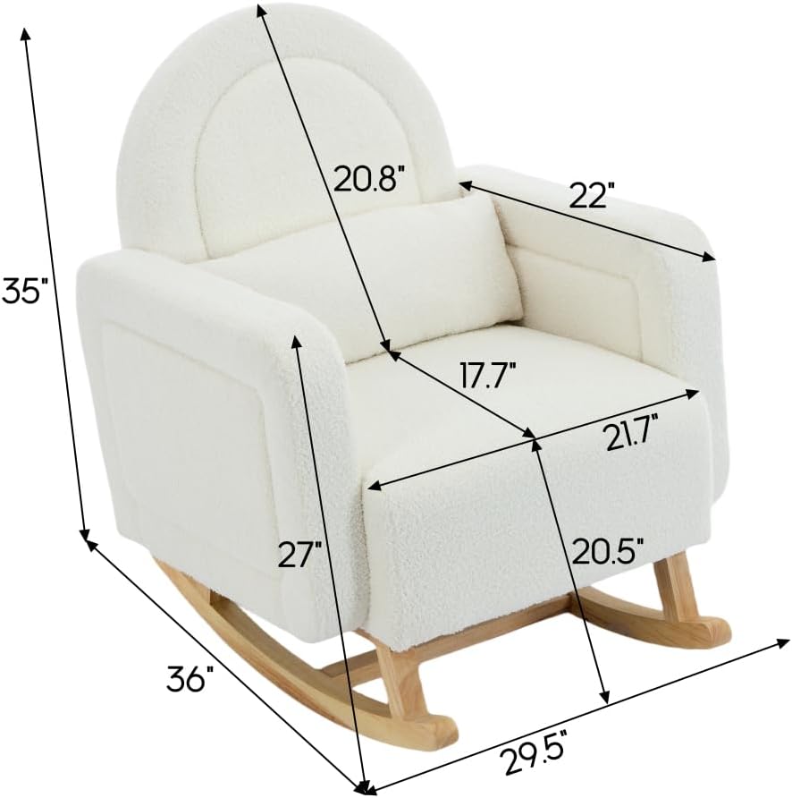Accent Rocking Chair with Pillow, Ultimate Comfort for Your Home, Teddy Velvet, Cream White (Cream White + Teddy + Rubberwood-1)