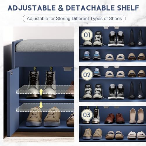 42.6" Storage Bench - Shoe Storage Bench with Side Storage Shelves and 3 Doors, Multifunctional Entryway Bench with Lift Top Cushion, Shoe Bench for Bedroom, Living Room, Entryway, Navy Blue