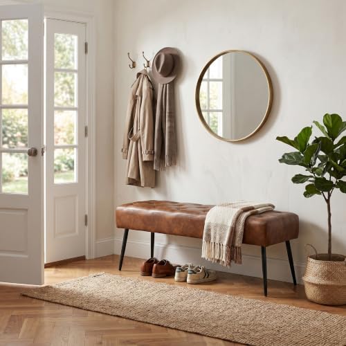 DUHOME Button-Tufted Ottoman Bench, Upholstered Bedroom Benches Leather Footrest Stool Accent Bench for Entryway Dining Room Living Room Bedroom End of Bed, Yellowish Brown