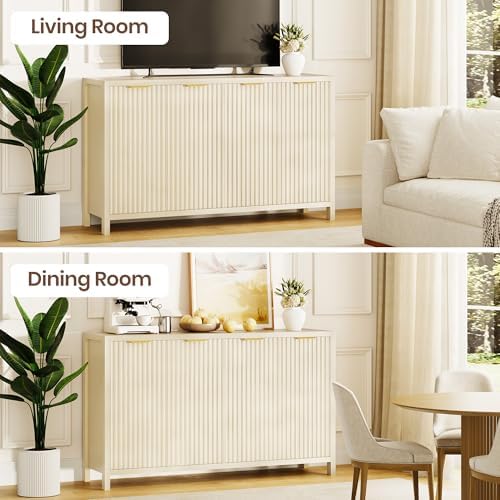 Fluted Buffet Cabinet with Storage, 55" Sideboard Cabinet with 4 Doors, Modern Credenza Accent Console Cabinet Coffee Bar Table for Living Room Dining Room Hallway, Natural