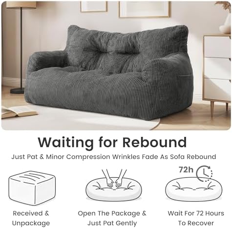 59" Corduroy Bean Bag Chair,2 Seat Loveseat Sofa,Corduroy Lazy Sofa Bed for Adults,Fit Living Room, Bedroom,Outdoor Spaces,Ultra Soft Dutch Velvet,Fluffy Comfort Cover,72h Rebound,Dark Grey