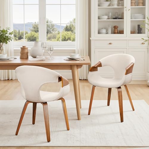 Zouron Fabric Dining Chair, Upholstered Chair with Armrest, Accent Chairs with Wood Legs for Kitchen Dining Room Desk, Walnut Wood Veneer, Beige Fabric