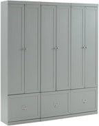 Pemberly Row Modern Wood/Metal Pantry Closets, 74" H x 66" W x 12.5" D, Distressed Gray Finish, Set of 3 Modular Cabinets with Adjustable Shelves, Drawers, Hooks, Traditional or Farmhouse Style