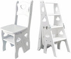 4 Step Wooden Folding Library Ladder Chair with Seat, Lightweight Portable Ladder Shelf, Multifunctional Step Stool, Stepladders Display Stand for Office Home Kitchen (Color : White)