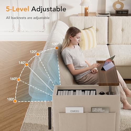 Vipbear 112" Modular Sectional Sleeper Sofa with Pull Out Bed, Chenille Modern 7 Seat L Shaped Couch with Reclining Backrest/LiftTop Storage Chaise Armrests/USB/LED Light/Tool-Free Assembly, Beige