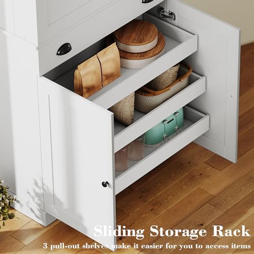 IRONCK 72" Kitchen Pantry Cabinet with Drawer and Sliding Racks, White | White wood pantry cabinet. 6 door shelves. 3 sliding racks. For kitchen, dining room, or hallway.