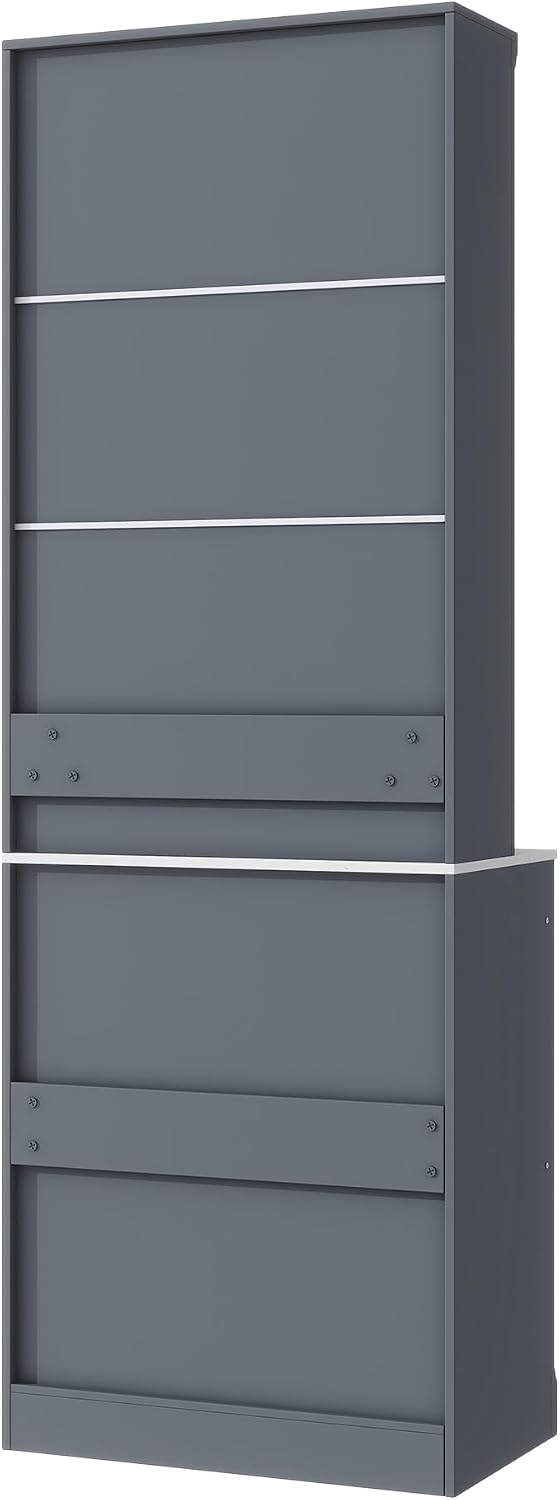 83.7inch High Kitchen Pantry with 5 Storage Drawers and Adjustable Shelf, Wood Freestanding Tall Kitchen Hutch Display Cupboard Cabinet with Faux Marble Top for Dining Room, Set of 2 (2, Gray-T)