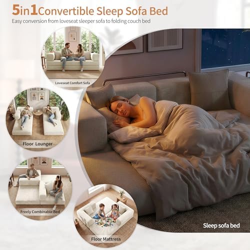 78.8" Couch for Living Room, Futon Sleeper Sofa Bed | Convertible Sofa Bed, Corduroy Pull Out Couch Loveseat with Storage Pocket, Modular Design, No Assembly, White