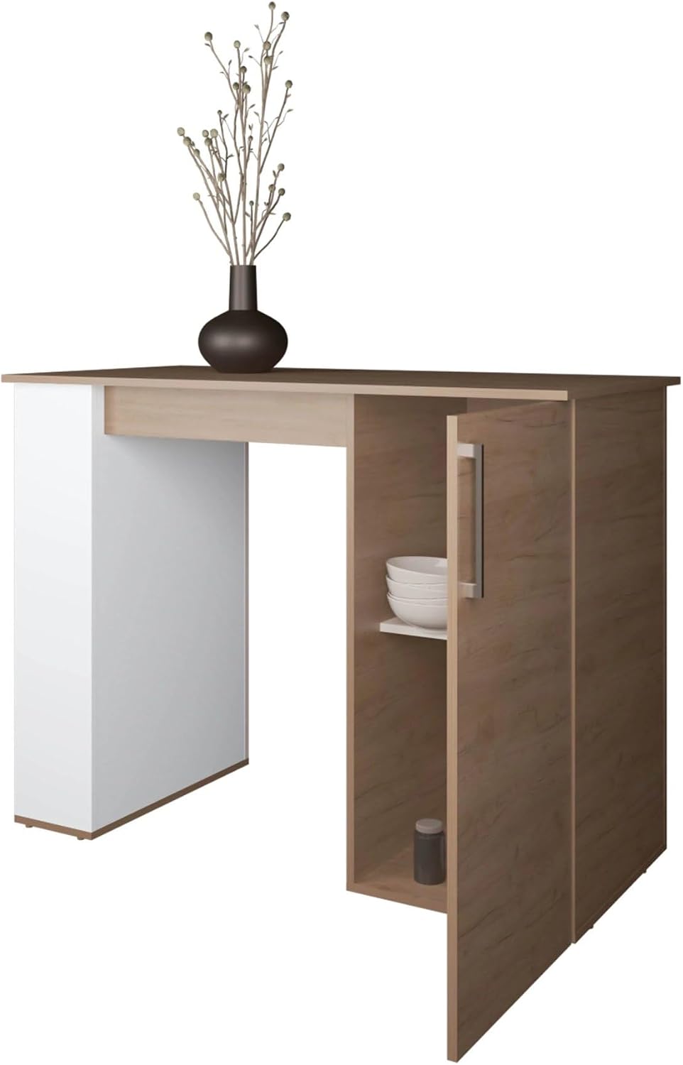 White and Natural Oak Kitchen Island with 1-Door and Open Storage | Five open shelves and one door for organized storage