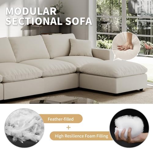 Modern Sectional Linen Couch for Living Room V Shape Sofas,5 Seat with Ottoman Modular Cloud Sofas with Ottoman,Couches Cushion Covers Removable,Cozy Feather Down Sofa for Apartment Khaki
