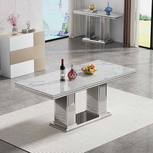 68 in Faux Marble Dining Table for 4-6, White Marble Dining Table with Silver Stainless Steel Base, Luxury Rectangular Dining Room Table for Kitchen, Living Room, Apartment, Family Meals, Dinner Party