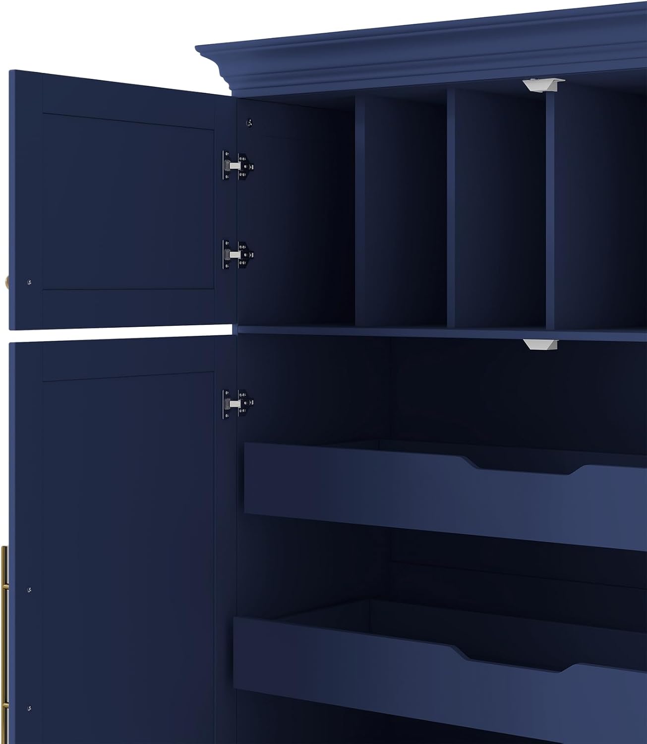 Polibi Farmhouse Freestanding Kitchen Pantry Cabinet, 40" Wide 4-Door Storage with Pull-Out Trays, Drawers & Cake Pan Organizer, Shaker Style in Blue
