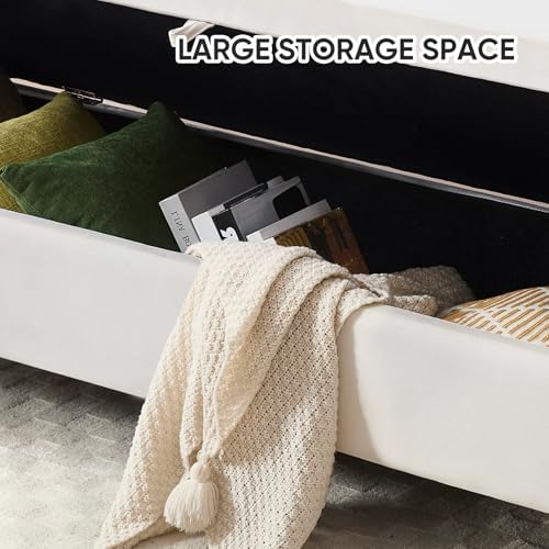 Storage Bench for Bedroom, 65 Inch End of Bed Storage Bench Beige | Velvet Storage Ottoman Bench, Tufted Upholstered and Gold Legs, Bedroom Bench with Storage, Arms, 2 Pillows, for Window