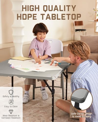 FanttikOutdoor Folding Card Table 34" Square, 2 Heights, Picnic Party Game | Fold-in-Half Utility Plastic Portable Table with Collapsible Legs & Carrying Handle, Heavy Duty, Zeta S4 Pro