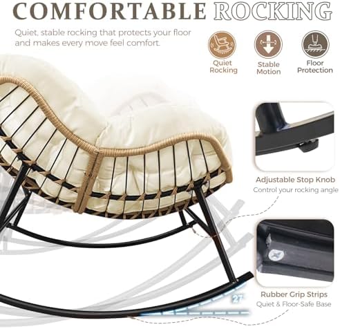 FINCATI 2 PCS Outdoor Rocking Chair, Oversized Papasan Rocking Chair | 450 Lbs Capacity, Large Size, PE Wicker Egg Rocker with Beige Thick Cushion, Cozy Padded Lounge Chair for Porch Garden