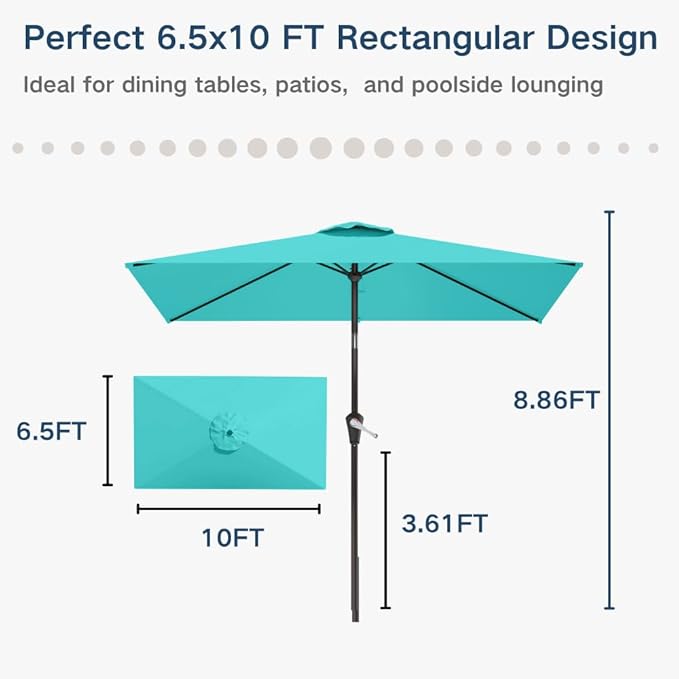 6.5' x 10' Rectangular Patio Umbrella Large Outdoor Market Umbrella w/UV Protection, Push Button Tilt and Crank Lift, Rectangle Table Umbrella for Garden, Deck, Pool, Patio, Aqua Blue