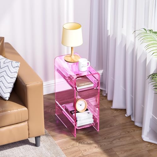 Clear Acrylic Side Table, Narrow Nightstand Bedside Table for Bedroom, Skinny Small End Table (Pink, 8.7'' x 15.7'' x 21.7")