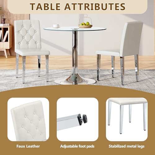 White Dining Chairs Set of 4, Faux Leather, Silver Metal Legs | Button-Tufted Upholstered Parsons Chairs with Padded Seats for Dining Room, Kitchen, Apartment, or Restaurant Use