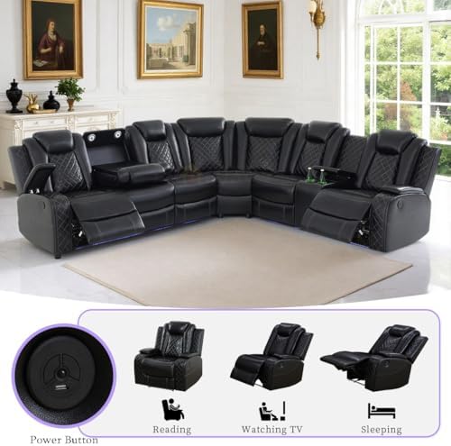 Power Recliner Sectional Sofa Set,Living Room Furniture Sets,Black Leather Sectional Reclining Couch Power Reclining Sofa with LED Light/Storage Console for Living Room