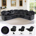 Power Recliner Sectional Sofa Set,Living Room Furniture Sets,Black Leather Sectional Reclining Couch Power Reclining Sofa with LED Light/Storage Console for Living Room