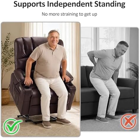 MCombo Oversized Power Lift Recliner Chair for Elderly R7092 (Dark Brown) | Stand Assistance, Wide seat, Heat and Massage, 4.7" Extra Footrest, 150° Max Recline, USB Ports, Cup Holders, Faux Leather