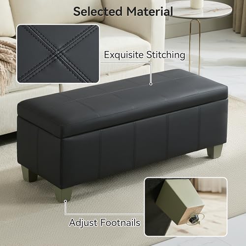 WUTUTUEE 41" Faux Leather Storage Ottoman, Stitch Tufted Rectangle Upholstered End of Bed Storage Bench, Entryway Large Couch Ottoman with Wooden Legs, Dark Black