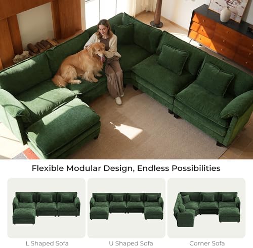 ELUCHANG 114" Oversized Modular Sectional Sofa, Comfy Chenille Cloud Couch, 6-Seater V Shaped Modern Deep Seat Sofa w/Removable Covers for Living Room, Bedroom, DIY Combination - Green
