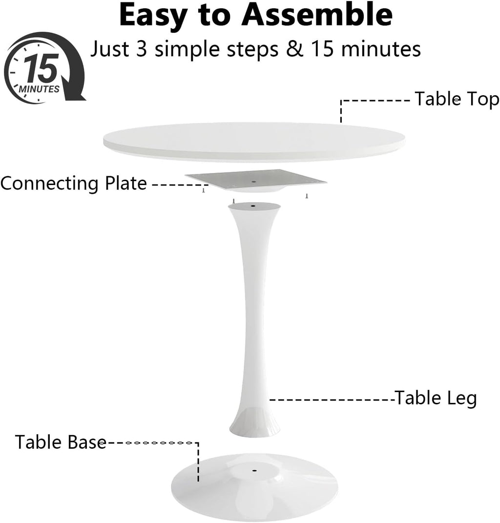 27.5" White Round Dining Table, MDF Top with Metal Pedestal Base, Modern Accent Table for Small Spaces, Kitchen, Dining Room & Living Room