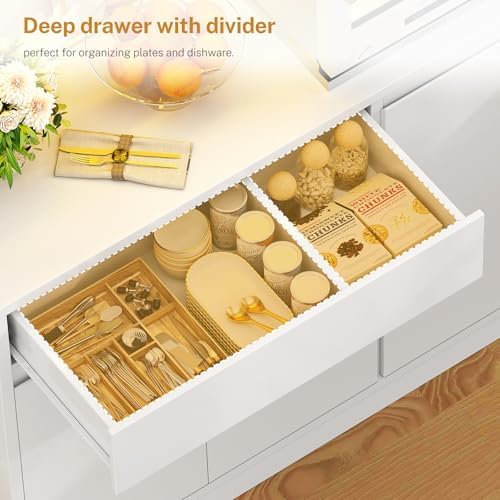 TEENFON Pantry Cabinet with Charging Station and LED Light, Kitchen Pantry Cabinet with Microwave Stand, Kitchen Storage Cabinets with Adjustable Shelves and Door Shelves for Dining Room, White