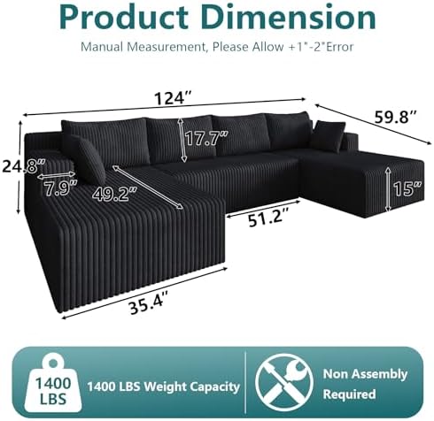 124" U-Shape Cloud Couch, Modern Modular Sectional U-Shape Sofa, Corduroy Couch Upholstered Couches Deep Seat Sleeper Chaise Longue for Living Room, No Assembly Required, Black