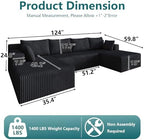 124" U-Shape Cloud Couch, Modern Modular Sectional U-Shape Sofa, Corduroy Couch Upholstered Couches Deep Seat Sleeper Chaise Longue for Living Room, No Assembly Required, Black