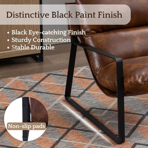 LukeAlon Modern PU Leather Accent Armchair, Black | Pu Leather Upholstered Living Room Chair With Metal Base & Thickened Cushion, Comfy Single Lounge Sofa for Bedroom, Office