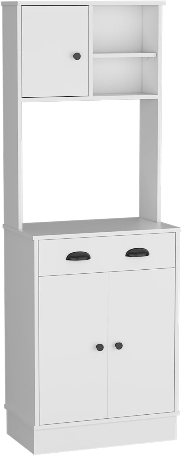 Kitchen Pantry 67" H, Two Cabinets, Three Doors, Two Open Shelves, One Drawer, Microwave Storage Option, White