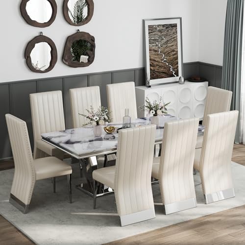 AUZ Modern White Leather Dining Chairs with Silver Mirrored Legs, Set of 2 | White Upholstered Leather Kitchen Room Chairs, High Back with Nailhead Trim, Polished Chrome Stainless Steel Legs
