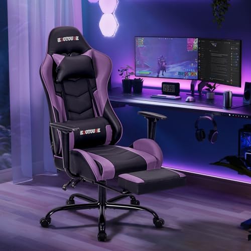 ECOTOUGE Violet Ergonomic PC Massage Gaming Chair with Footrest | Reclining Racing PU Leather, Swivel Rocker, Headrest, Lumbar Pillow, Office Desk Chair, Adjustable Height, Sturdy Base