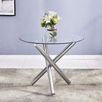 36" Luxury Silver Glass Dining Room Table Set for 4, 5-Piece Round Kitchen Dining Table Set with Cross Metal Legs and 4 Beige Velvet Upholstered Chairs, Glass Kitchen Table and Chairs Set
