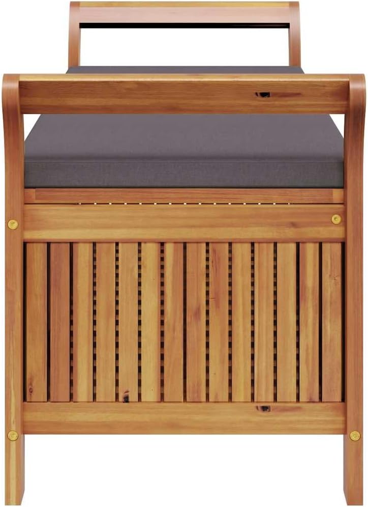 Solid Acacia Wood Garden Storage Bench with Dark Grey Cushion, Outdoor Patio Seat with Under-Seat Storage, Oiled Finish for Weather Protection, Easy Assembly