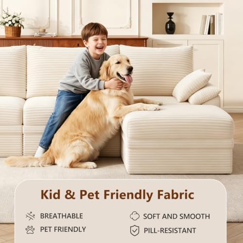 107" Modular Sectional Sofa Couch with Storage,U-Shape 3 Seat Comfy Modern Cloud Couch Sofa with Ottoman, 27" Deep Seat Corduroy Sofa for Living Room, Tool-Free Assembly - Beige