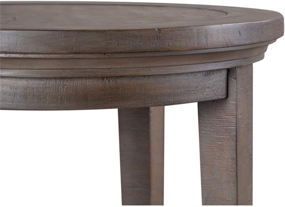 BOWERY HILL Round Wood Accent End Table, Dovetail Gray Finish, Weathered Bronze Details, 2 Fixed Shelves, Durable Pine Construction, Compact Transitional Design for Living Room Storage and Display