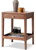 Telephone Table, Side Table with Drawer,Solid Wood Nightstand,Sofa Telephone Tables,Small Living Room Coffee Table,Double-Layer Storage,Walnut Color