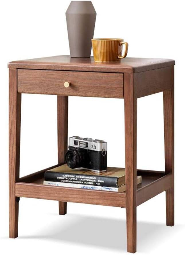 Telephone Table, Side Table with Drawer,Solid Wood Nightstand,Sofa Telephone Tables,Small Living Room Coffee Table,Double-Layer Storage,Walnut Color